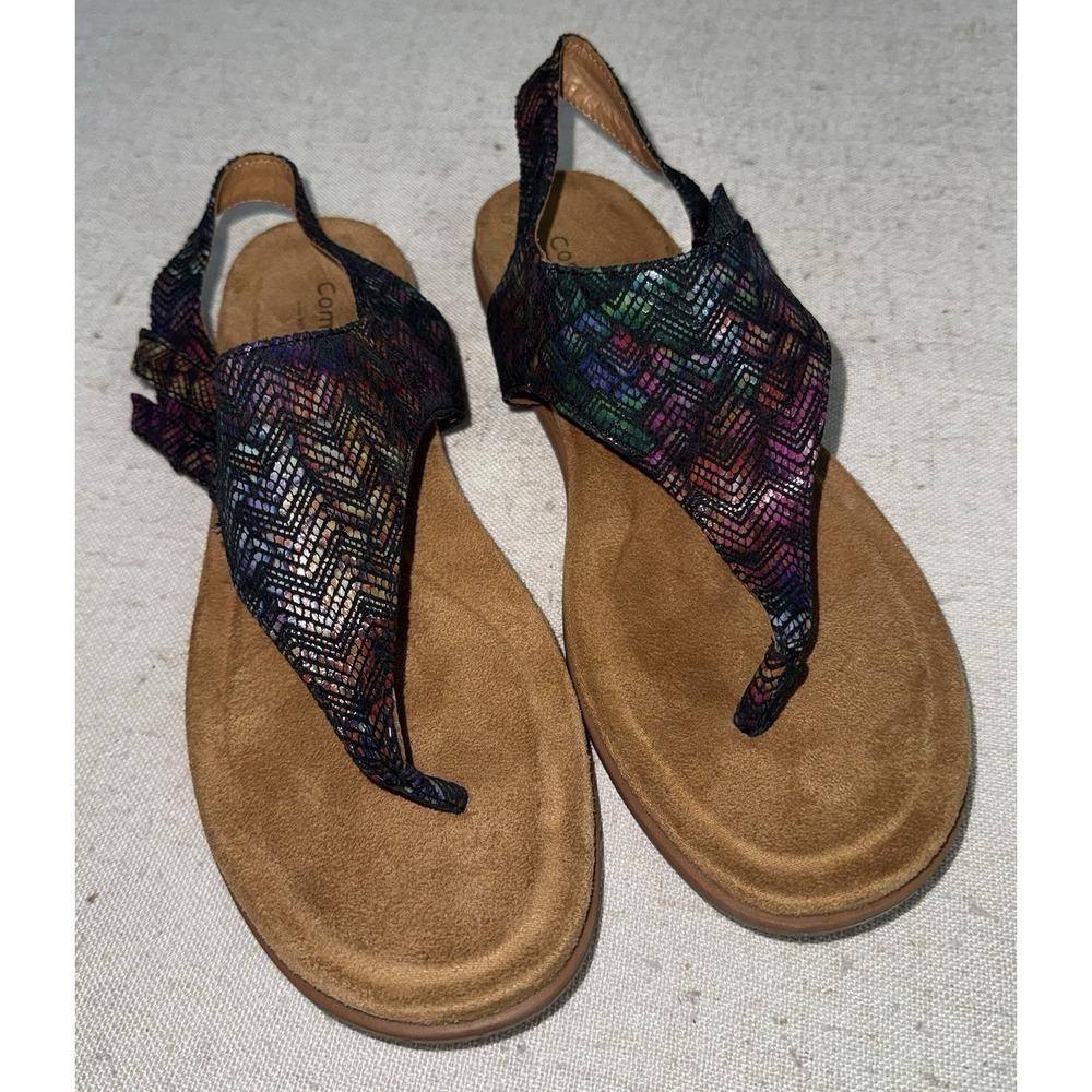 Comfortiva NEW Calina Black Multi Color Thong Wedge Sandals Women's Sz 10 W